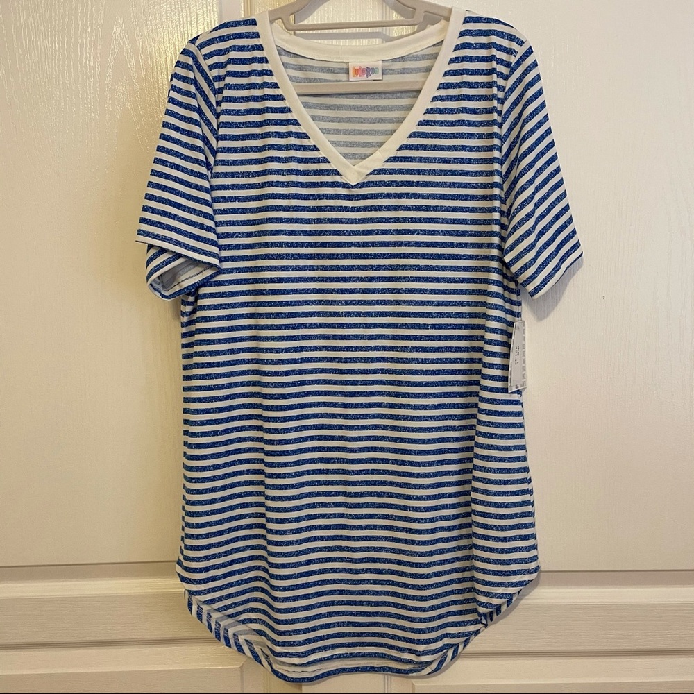 NWT: Lularoe size large Iris top blue and white stripes v-neck